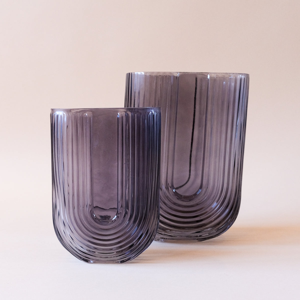 Large Smoky U-Shaped Ribbed Glass Vase