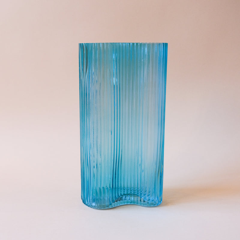 Tall Wavy Turquoise Ribbed Glass Vase