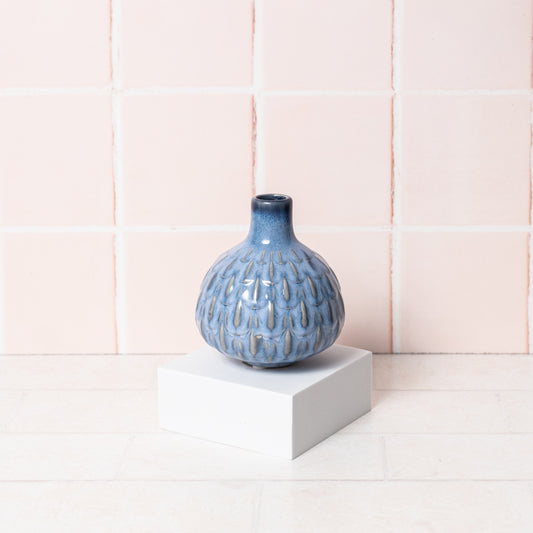 Blue Embossed Ceramic Vase (11cm)